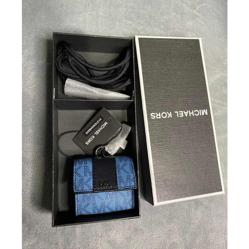 Michael Kors Hudson AirPods Pro Case Blue Logo Faux Leather Mini NEW- Defect
